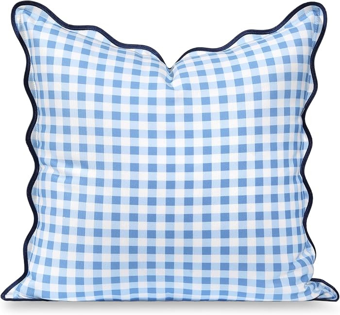 Hofdeco Premium Coastal Hampton Scalloped Patio Indoor Outdoor Throw Pillow Cover Only, 20"x20" Water Repellent for Backyard, Couch, Poolside, Azure Blue Navy Print Gingham | Amazon (US)