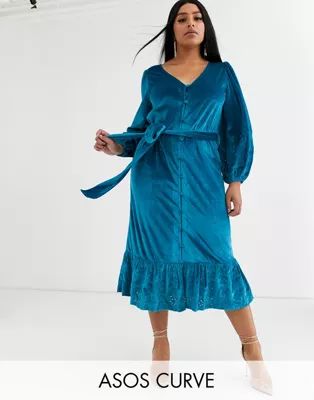 ASOS DESIGN Curve midi wrap dress in velvet broderie in aqua | ASOS (Global)