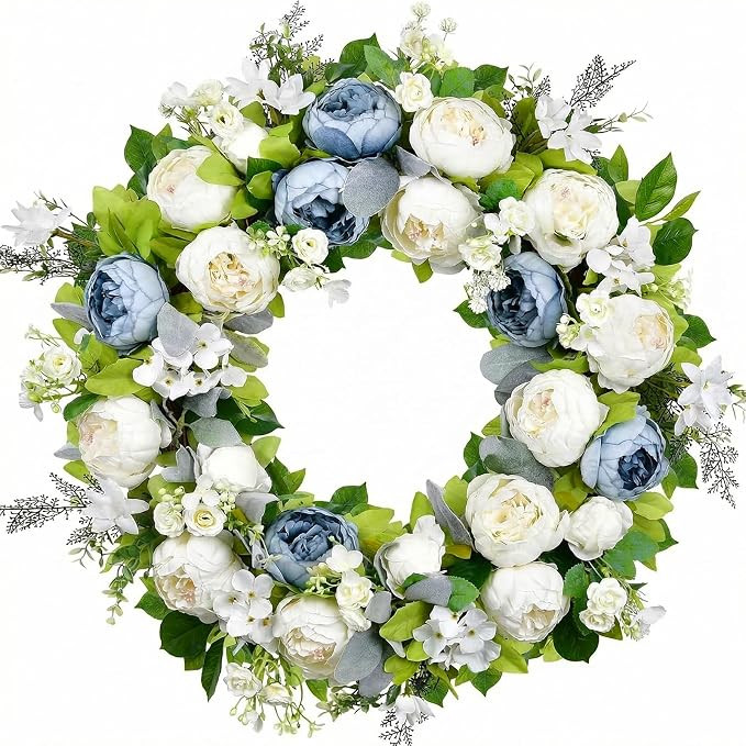 Spring Wreath for Front Door 22-24 Inch, Peony Blue White Wreath, Summer Floral Chaplet, Rose Hyd... | Amazon (US)