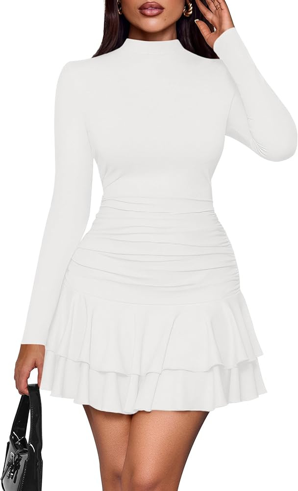 PRETTYGARDEN Womens Spring Long Sleeve Dresses 2026 Mock Neck Ruched Y2K Clothes Ruffle Layered B... | Amazon (US)