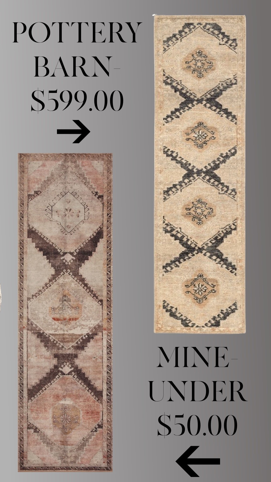 
$599 vs. under $50.

Same vintage-inspired look. Same warm neutral tones. Comes in multiple sizes so you can use it in an entry, hallway, kitchen, or larger space.

Save the difference.

Everything linked here.


#LTKHome #LTKSaleAlert
