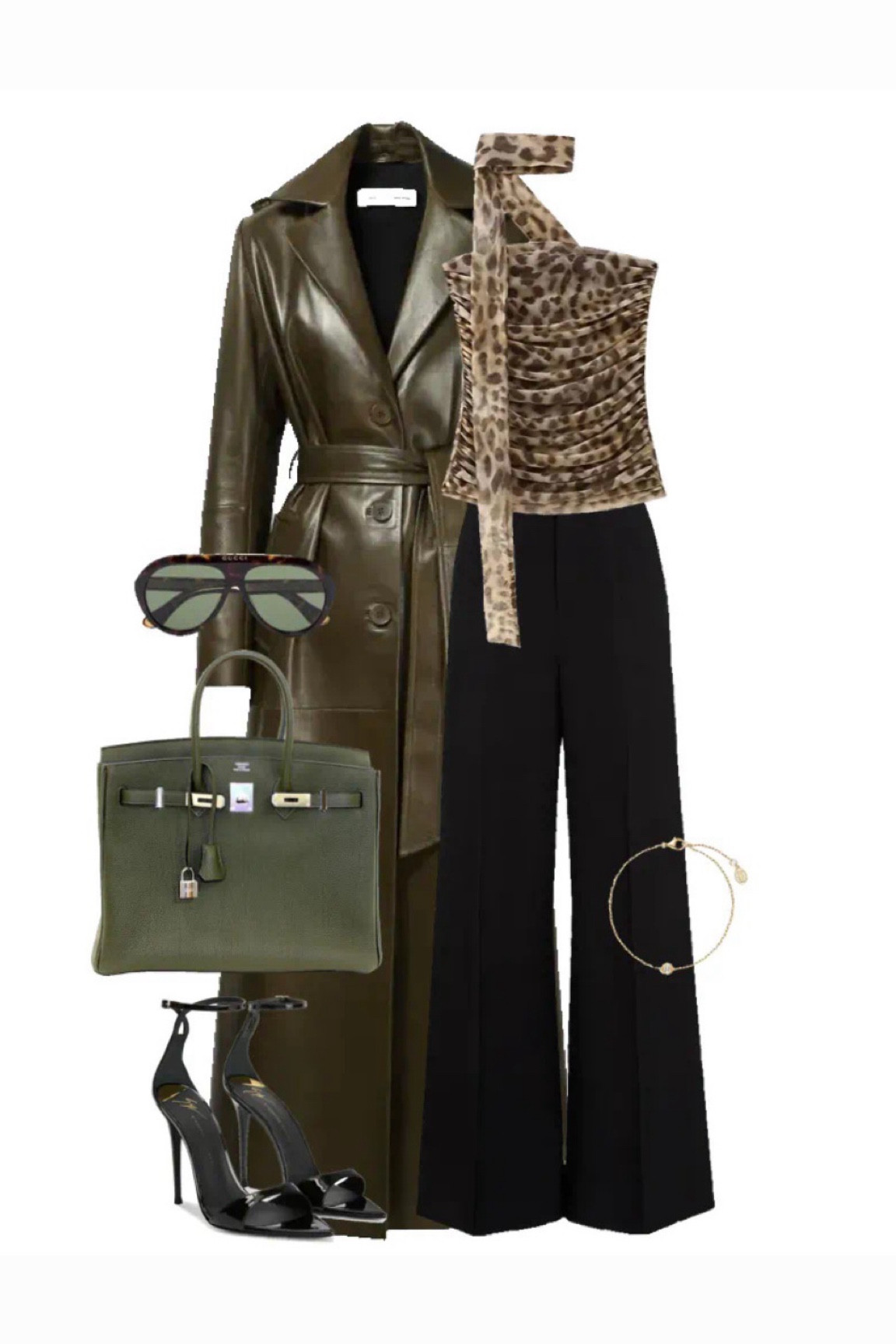 Baddie outfit 
Khaki green leather trench 
Brown sunglasses 
Leopard print top 
Halter neck top 
Spring outfits 
Rainy day outfits 
Classy outfit 
Elegant outfit 
Work outfit 
Date night outfit 
