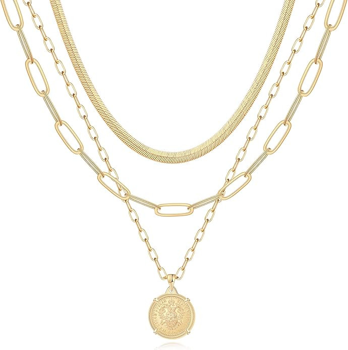 Hidepoo Gold Layered Necklaces for Women, 14K Gold Plated Dainty Coin Pendant Choker Necklace Her... | Amazon (US)