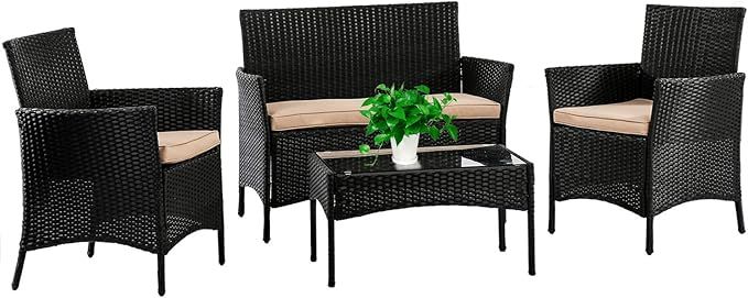 FDW Patio Furniture Set 4 Pieces Outdoor Rattan Chair Wicker Sofa Garden Conversation Bistro Sets... | Amazon (US)