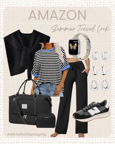 AMAZON- Summer travel look
I paired these lululemon look for less lounge pants with this free people look for less and and white stripe oversized tshirt and black white new balance sneaker. I accessorized with a black sweater Shaw wrap, a quilted weekender bag and some silver trendy earrings and a gold and silver Apple Watch band!



#LTKTravel #LTKFindsUnder50 #LTKStyleTip