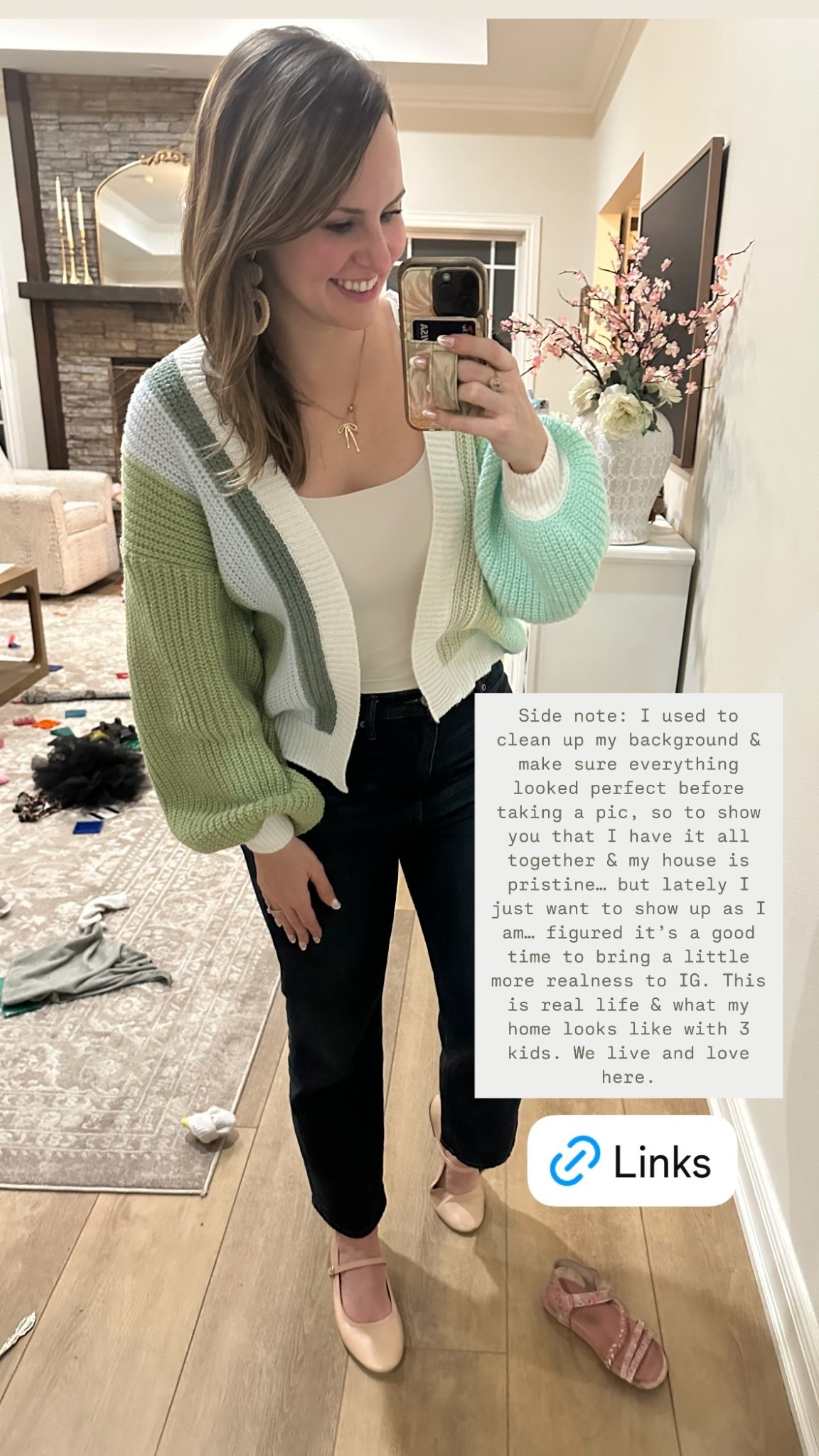 Side note: I used to clean up my background & make sure everything looked perfect before taking a pic, so to show you that I have it all together & my house is pristine… but lately I just want to show up as I am… figured it’s a good time to bring a little more realness to IG. This is real life & what my home looks like with 3 kids. We live and love here. 

Outfit links below ! Probably what I will be wearing for St. Patrick’s Day on March 17! Cardigan, tank, ballet flats & bow jewelry are from Amazon. Jeans are from Walmart & under $25! 

#LTKSeasonal #LTKFindsUnder50 #LTKWatchNow