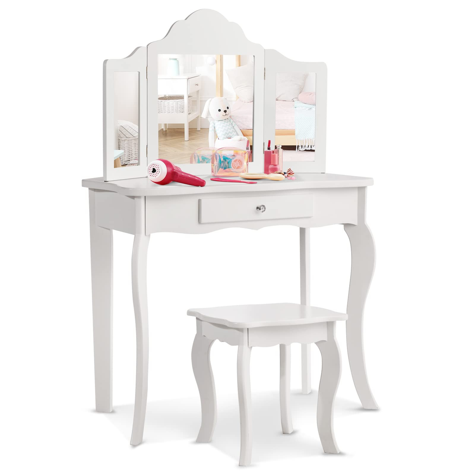 HONEY JOY Kids Vanity Set with Mirror, 2-in-1 Wooden Toddler Vanity Table with Stool, Tri-Folding... | Amazon (US)