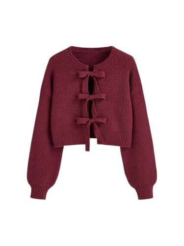 CIDER Women Round Neck Tie Front Cardigan Bowknot Crop Sweater Wine | Amazon (US)