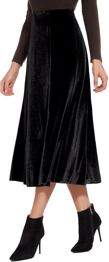 Women’s Elegant Vintage Velvet Midi Skirt Flowy 8-Panel Design | Amazon (US)