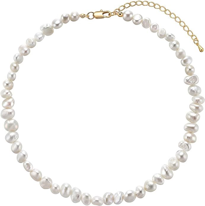 Natural Freshwater 6-8mm Baroque Pearsl Choker Necklace for Women White Pearl Beaded Necklace Str... | Amazon (US)