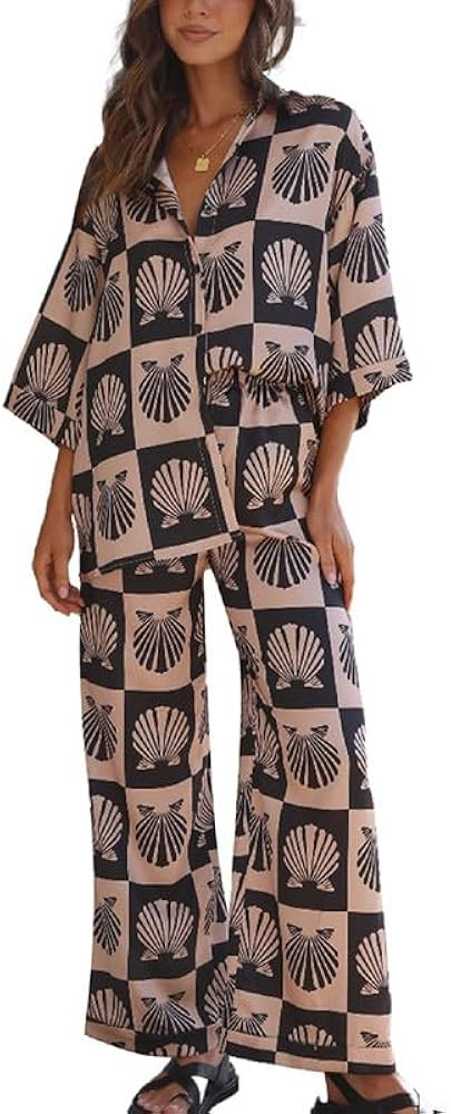 Women Graphic 2 Piece Pants Outfit Short Sleeve Button Down Blouse Wide Leg Lounge Pants Set Summ... | Amazon (US)