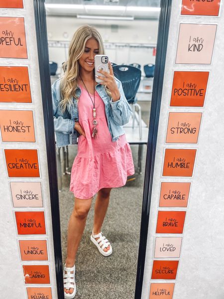 Teacher outfit !
Pink dress: true to size, wearing M
Sandals: size down half they run a little bit
Denim jacket is no longer sold!

| teacher fashion | spring outfit | summer outfit | work outfit 

#LTKFindsUnder100 #LTKWorkwear #LTKSeasonal