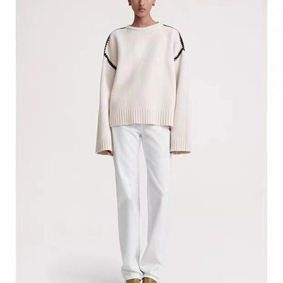 Toteme Women's Round Neck Contrasting Embroidered Wool Blend Knit Sweater  | eBay | eBay US