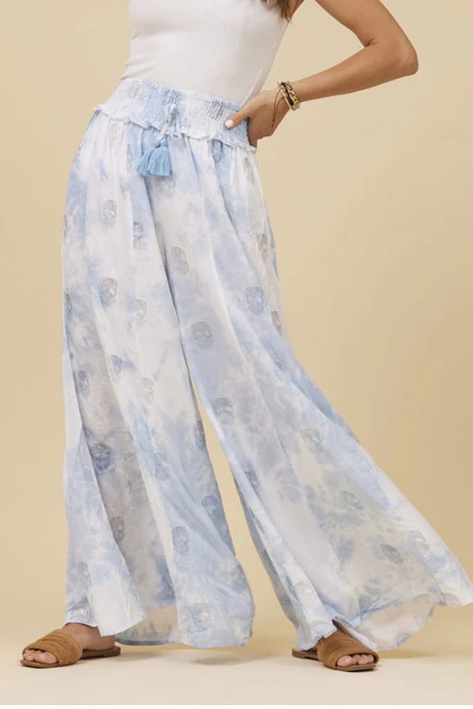 Blue Tie Dye Metallic Skull Wide Leg Pants | Surf Gypsy