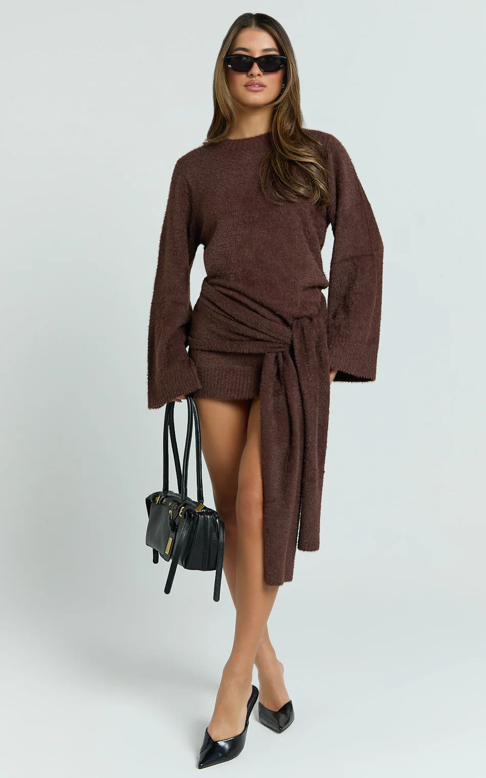 Tisdale Mini Dress - Wrap Skirt Fluffy Knit Jumper Dress in Chocolate | Showpo (US, UK & Europe)
