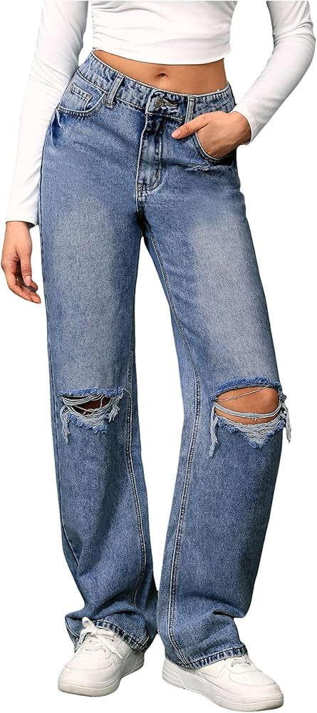 SweatyRocks Women's High Waist Ripped Straight Leg Jeans Boyfriend Style Distressed Denim Pants w... | Amazon (US)
