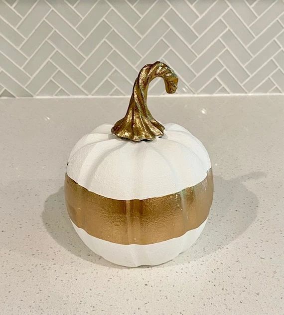Small Gold And White Color Blocked Wooden Pumpkin | Etsy (US)
