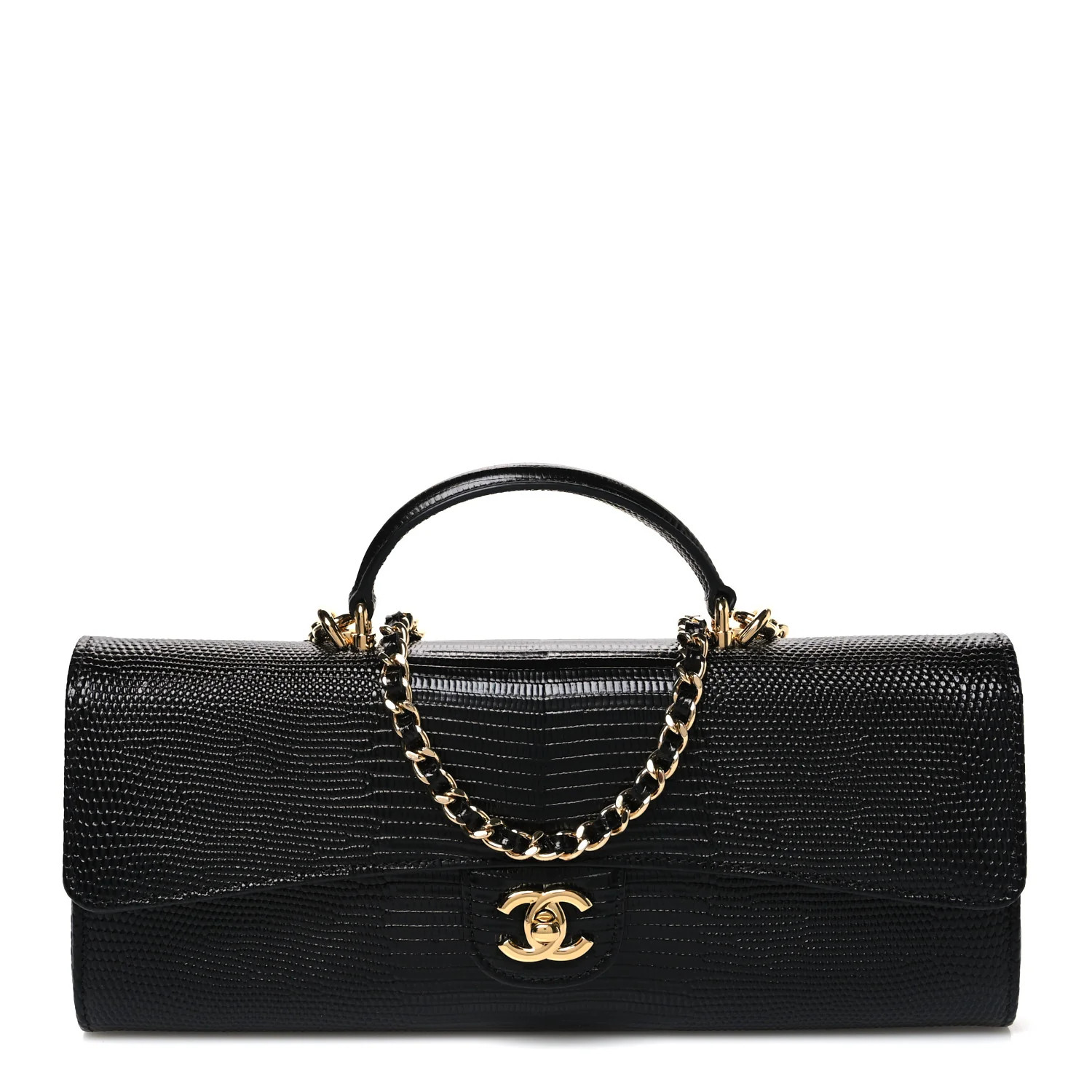 Chanel Calfskin Lizard Embossed Top Handle Long Clutch With Chain Black 1917641 | FASHIONPHILE (US)