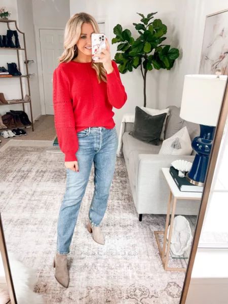 Holiday Outfit Inspo - Holiday Sweater - Red Sweater Outfit - Booties - Cream Booties 

#LTKSeasonal #LTKstyletip #LTKHoliday