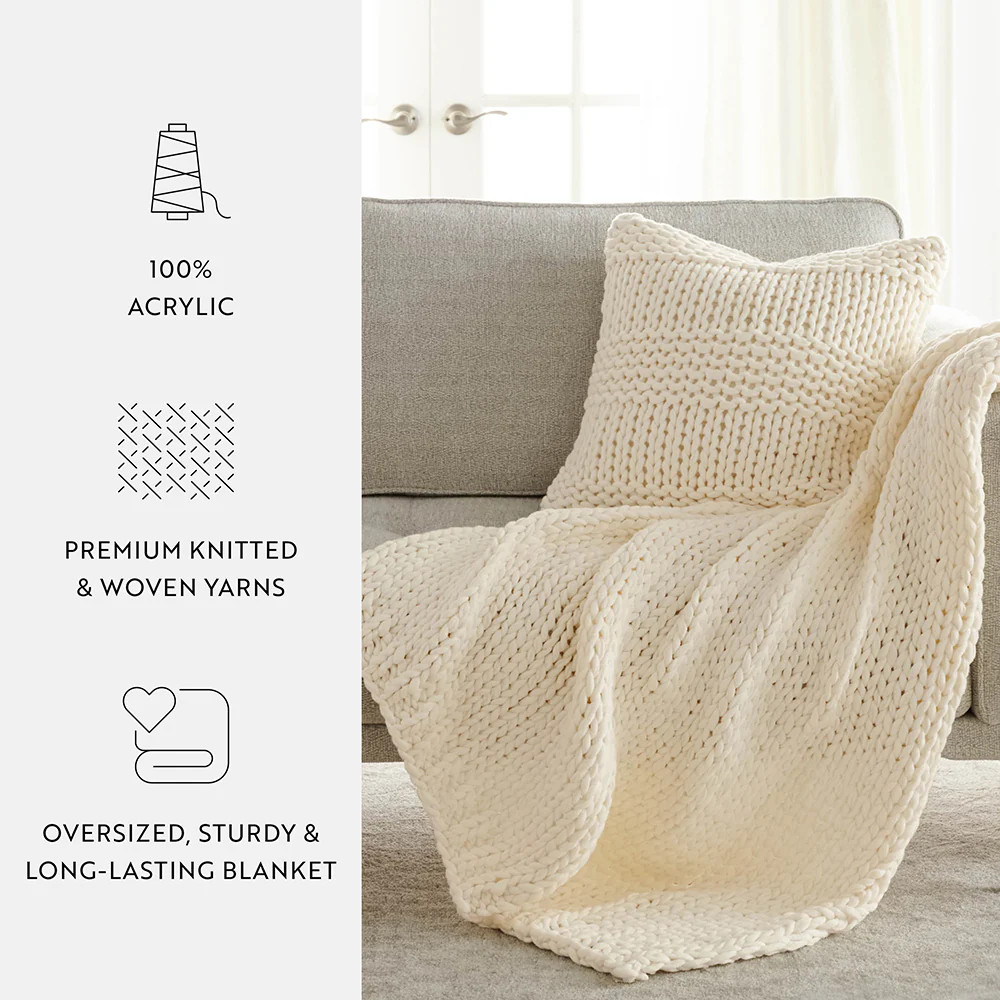 Chunky Knit Throw Blanket and Decor Pillow with Insert Bundle | Linens and Hutch