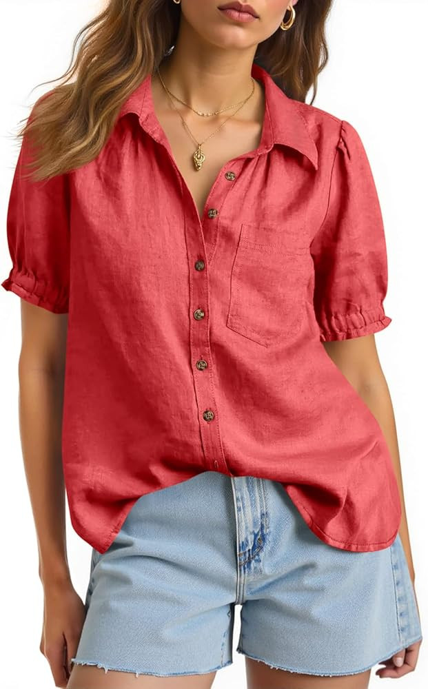 Cicy Bell Womens Puff Short Sleeve Button Down Shirts Summer Casual Collared V Neck Blouse Linen ... | Amazon (US)