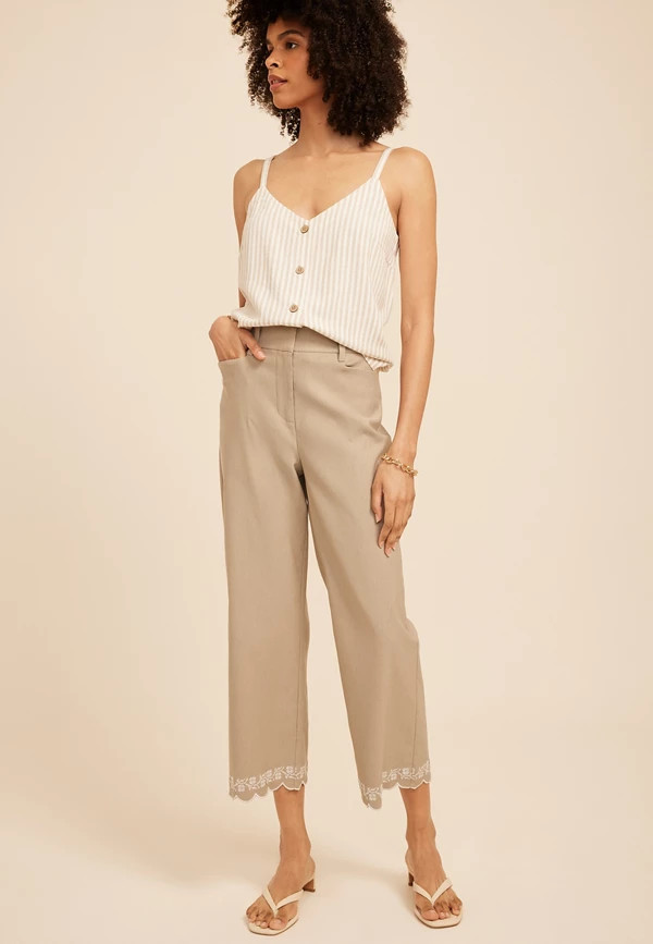 Sateen Bengaline Embroidered Hem Straight Crop Pant | Maurices
