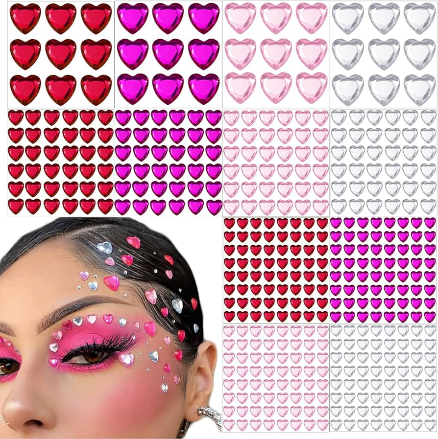 436 Piece Heart Rhinestone Stickers - Acrylic Heart Gems, Flat-Back Crystal Stickers for Body, Va... | Amazon (US)