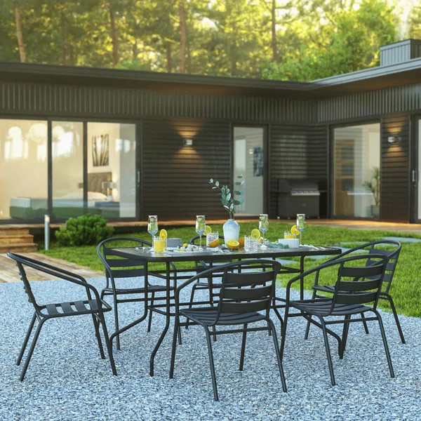 Amlie 7 Piece Outdoor Patio Dining Set - Tempered Glass Patio Table, 6 Flex Comfort Stack Chairs | Wayfair North America