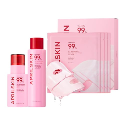 APRILSKIN TXA Glass Skincare Trio: TXA Niacinamide Toning Shot 99 Spicule Facial Serum, TXA Niacinamide 99 Pink Milky Toner and TXA Pink Capsule Gel Mask(4ea) | Amazon (US)
