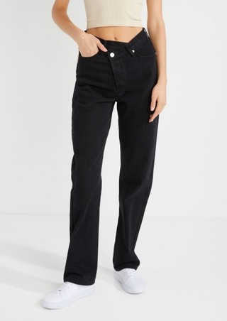 Black High Rise Asymmetrical Waist Straight Leg Jeans | rue21