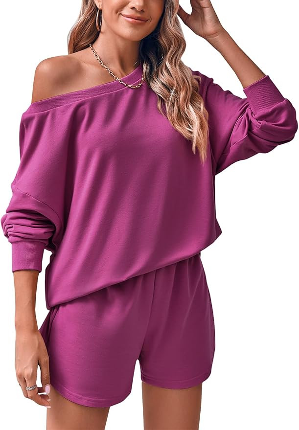 Fisoew Womens 2 Piece Outfits Long Sleeve Lounge Sets Off Shoulder Tops and Shorts Pajamas Set | Amazon (US)