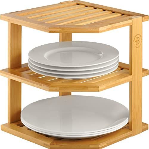 Premium Bamboo Kitchen Corner Shelf - Countertop Organizer - Cabinet Corner Rack for Plate, 3-Tie... | Amazon (US)