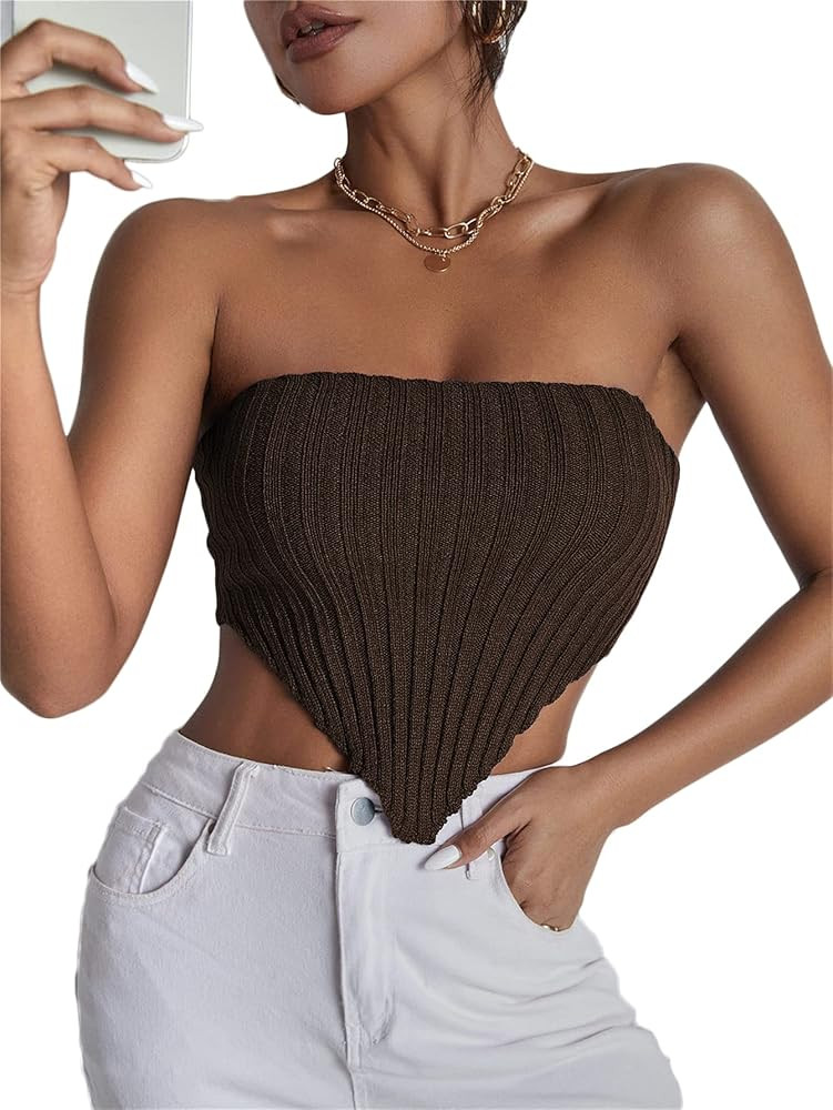 Women's Strapless Asymmetrical Hem Ribbed Knit Crop Bandeau Tube Top | Amazon (US)