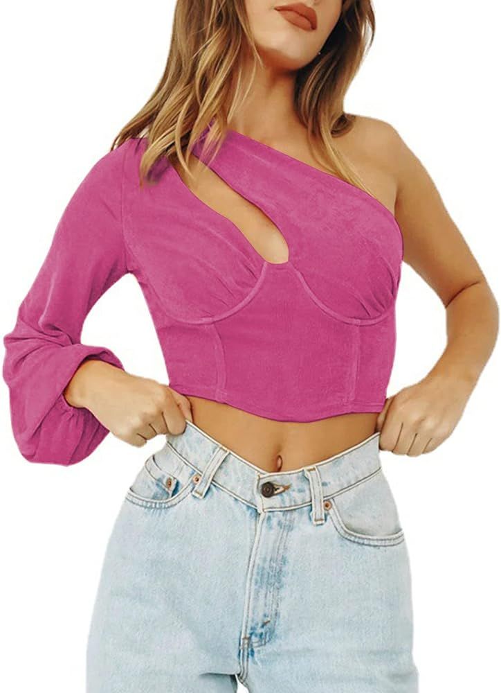 LYANER Women's Sexy One Shoulder Cut Out Bishop Long Sleeve Crop Tee Blouse Top | Amazon (US)