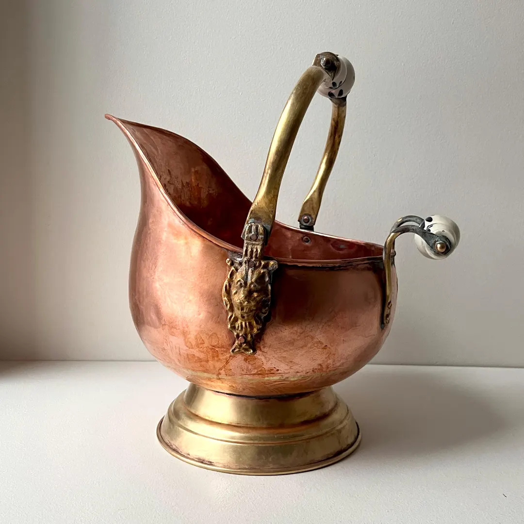 Vintage Brass and Copper Coal Scuttle Bucket, Blue and White Ceramic Handles, Antique Aesthetic F... | Etsy (US)