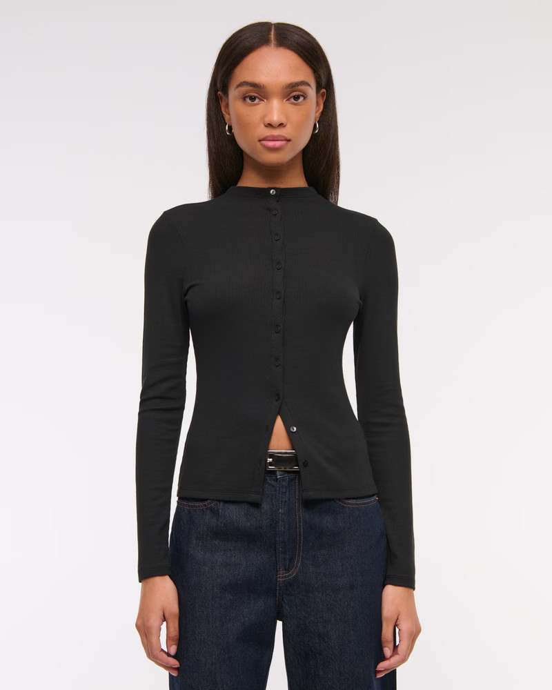 Long-Sleeve Mockneck Button-Through Top | Abercrombie & Fitch (US)