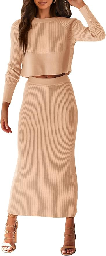 PRETTYGARDEN Women's Fall 2 Piece Sweater Set Rib Knit Long Sleeve Crop Top Maxi Bodycon Skirt Ca... | Amazon (US)