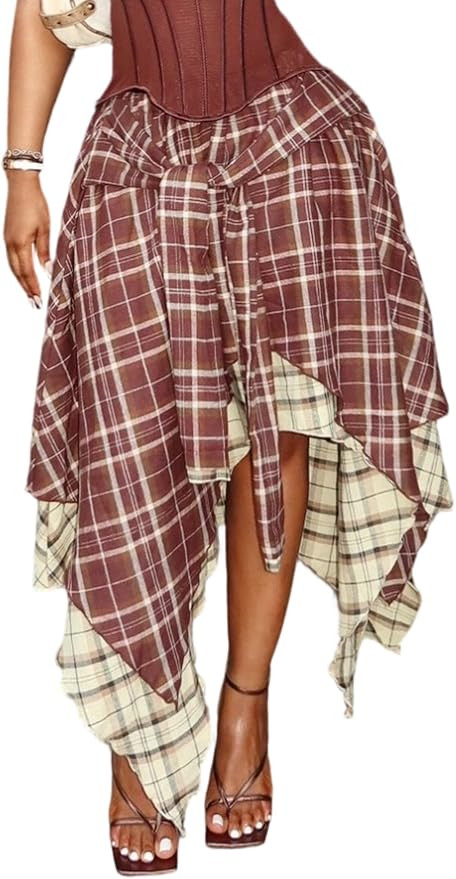 Women's Asymmetrical Plaid Long Skirt High Waisted Gingham Layered High Low Tie Front Ruffle Plea... | Amazon (US)