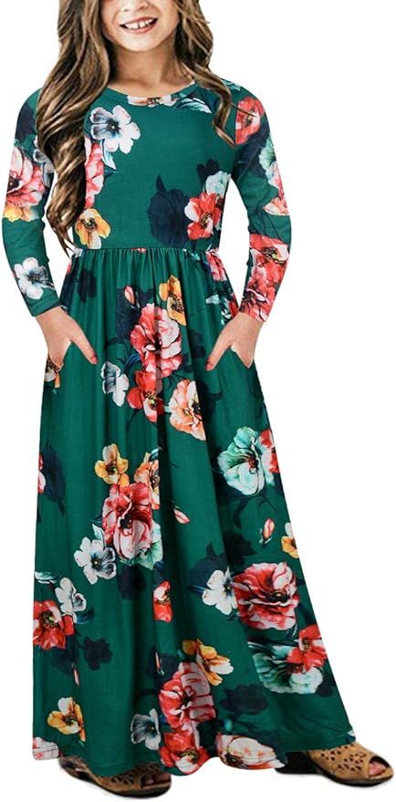 GORLYA Girl's Long Sleeve Floral Print Loose Casual Holiday Long Maxi Dress with Pockets 4-12 Yea... | Amazon (US)