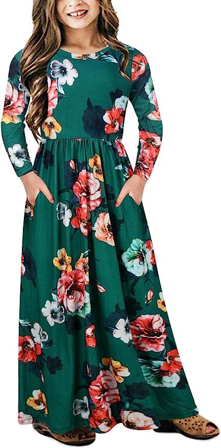 GORLYA Girl's Long Sleeve Floral Print Loose Casual Holiday Long Maxi Dress with Pockets 4-12 Yea... | Amazon (US)