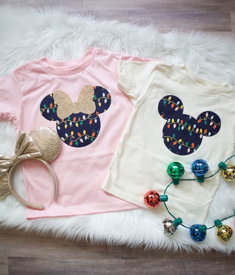 Christmas light Minnie/Mickey Mouse inspired kids shirt/fabric appliqué | Etsy (US)