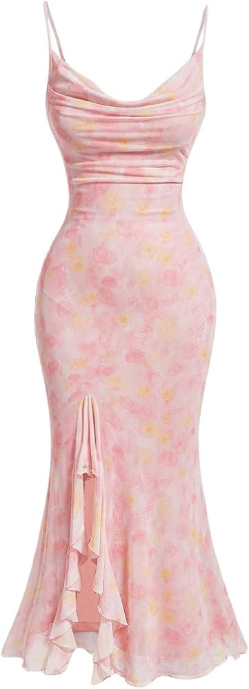 WDIRARA Women's Floral Print Cowl Neck Ruffle Hem Split Thigh Bodycon Maxi Dress Party Sleeveless... | Amazon (US)