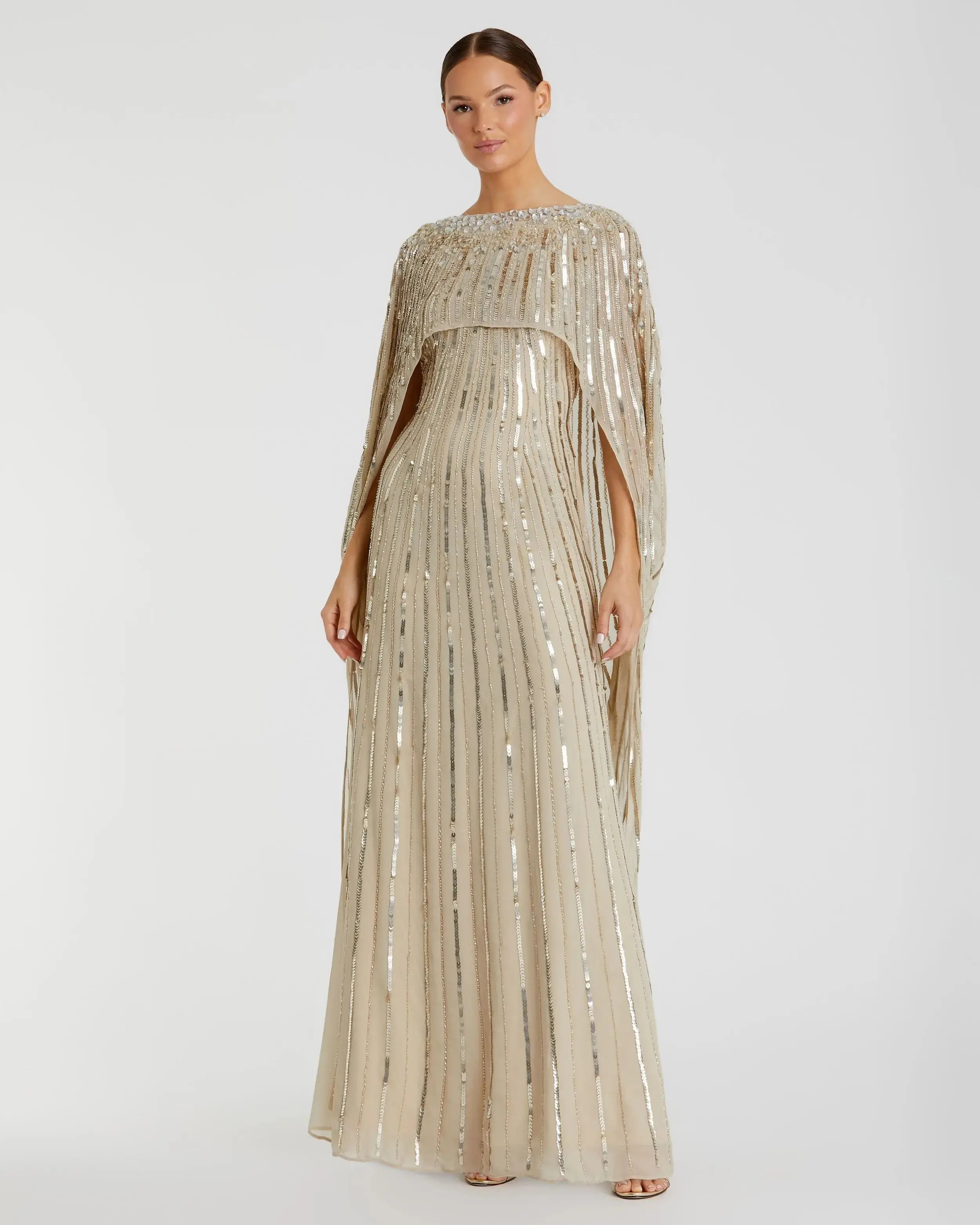 Mac Duggal - Gold Embellished Beaded Column Cape Gown - US 20 | Mac Duggal
