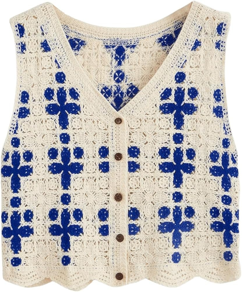 Verdusa Women's Button Front Vest V Neck Sleeveless Knit Crochet Sweater Vest | Amazon (US)