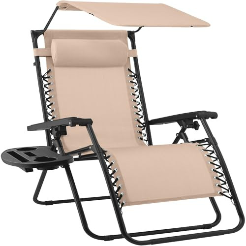 Best Choice Products 30” Wide Folding Zero Gravity Outdoor Recliner Patio Lounge Chair w/Adjustable Canopy Shade, Headrest, Side Accessory Tray - Beige | Amazon (US)