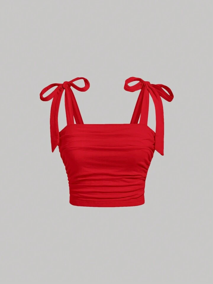 SHEIN MOD Red Summer Bow-Knot Tie Shoulder Ruched Cami Top | SHEIN