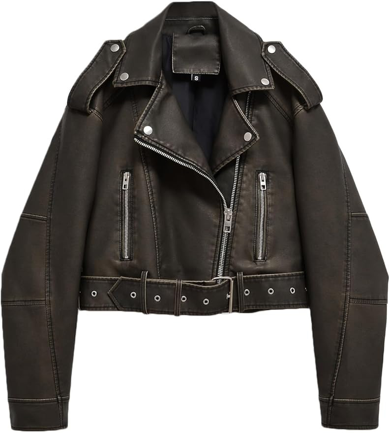 LY VAREY LIN Women Faux Leather Cropped Jacket Lapel Zipper Biker Short Coat with Belt | Amazon (US)