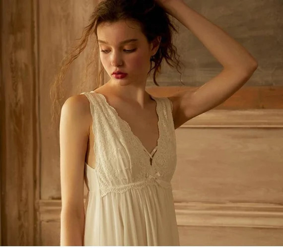 Vintage Nightgown Elegant Sleeveless Lace Long Victorian - Etsy | Etsy (US)