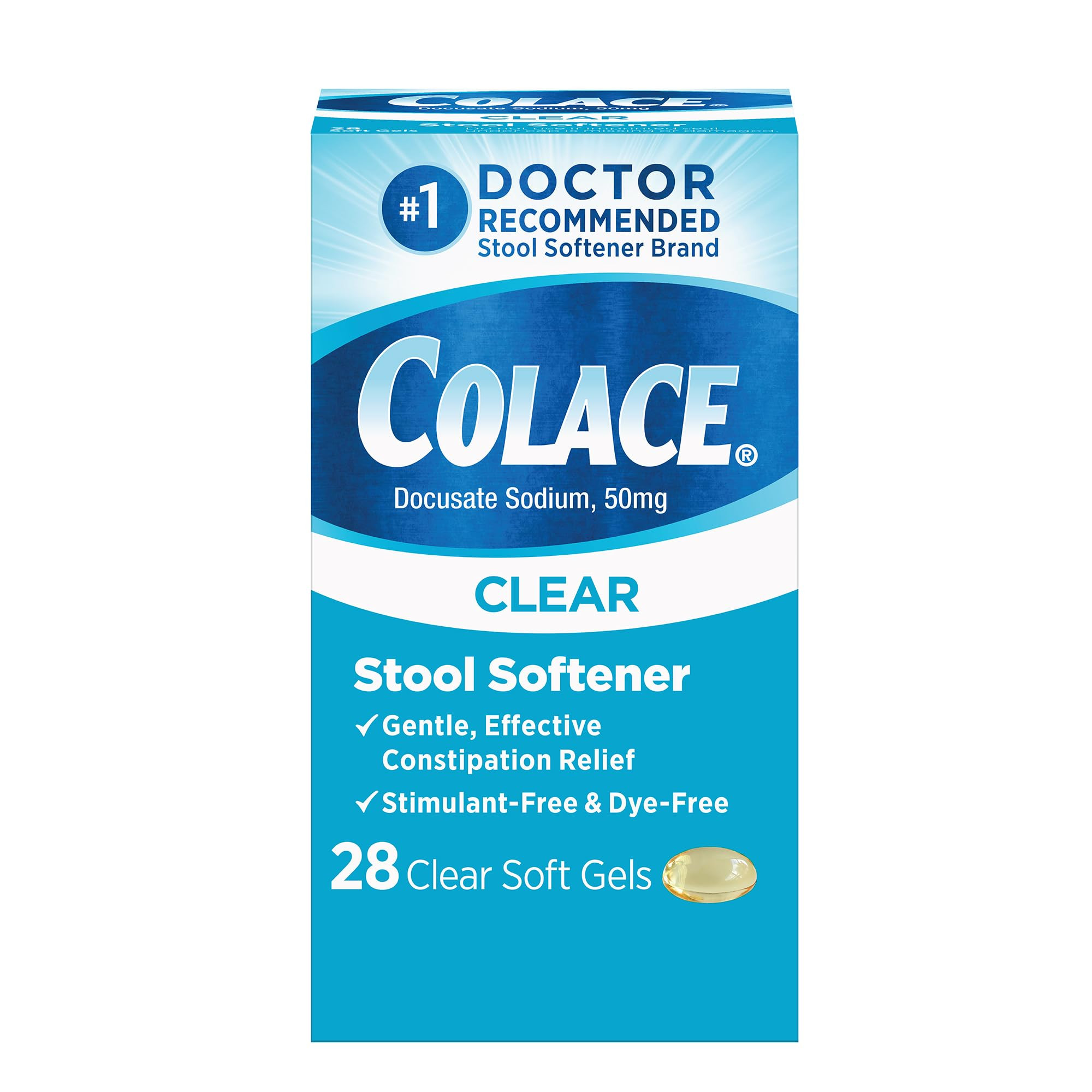 Colace Clear Stool Softener Soft Gel Capsules Constipation Relief 50mg Docusate Sodium Doctor Rec... | Amazon (US)
