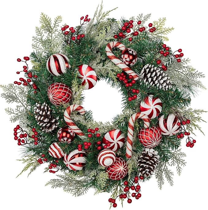 24 inch Christmas Door Wreath, Norfolk Pine Wreaths for Front Door with Candy Cane Red and White ... | Amazon (US)